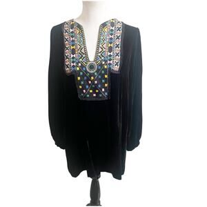 Zara Woman Embroidered Velvet Tunic Kaftan Size Large Black Bohemian Long Sleeve